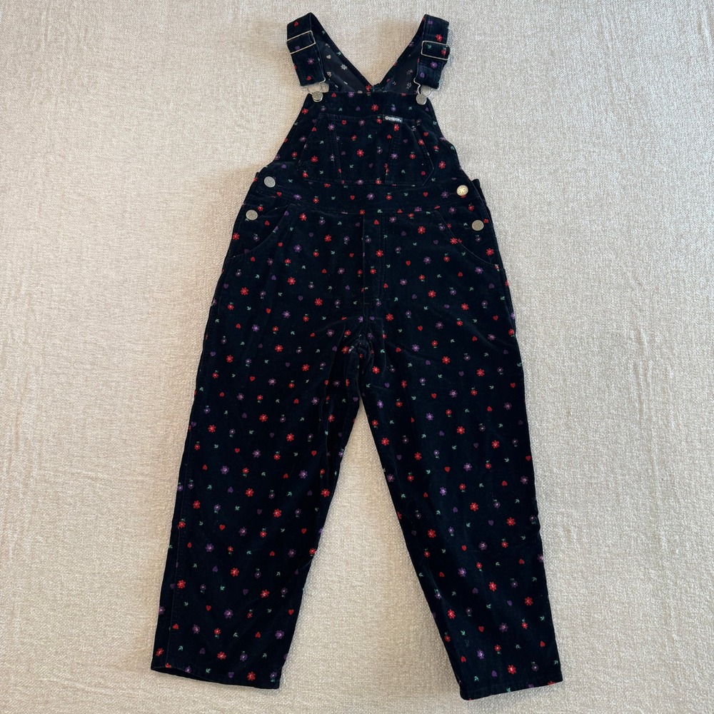 OshKosh Bgosh Black Corduroy Floral Heart Overalls Girls 6X Vestbak 90s EUC